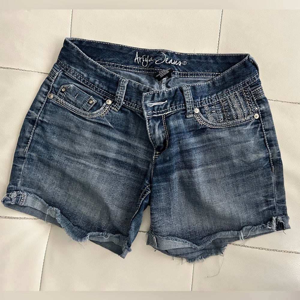 Blue Jean Shorts with Frayed Hem and Distressed Look